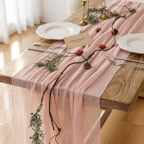 FOLAI 2 Stück Boho Tischläufer aus Käsetuch Table Runner Table Cloth – Rustikale Hochzeitstischdeko für Brautdusche, Geburtstag & Feiern (90x300cm) – Öko-Baumwolle & Wiederverwendbar（ Rosa ）