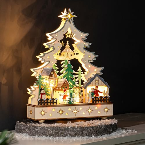Schauer LED Schwibbogen aus Holz – 3D Weihnachtsstadt mit 12 warmweißen LEDs – Lichterbogen modern mit Silhouette & Weihnachtsszene – Weihnachtsdeko Fensterbeleuchtung Weihnachten