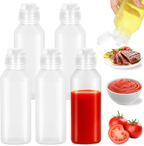 Yimomoyi Quetschflasche 300ML, Squeeze Flasche mit Kappen, BPA Frei Saucenflasche, mit Maßzeichnung， Pressflasche für Ketchup, Senf, Chili-Sauce, 5 Stück