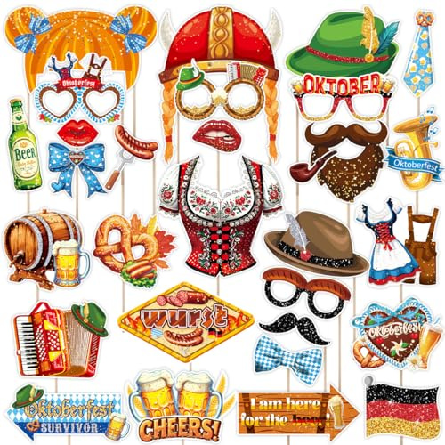 Oktoberfest Photo Booth Props, 30pcs Bayrisch Partyfotoautomat Zubehör Wiesn Fotobox Fotorequisiten für Oktoberfest Spiel Gastgeschenke Deko, Bier Brezel Lebkuchen Flagge Brille Hut Schnurrbart (A)