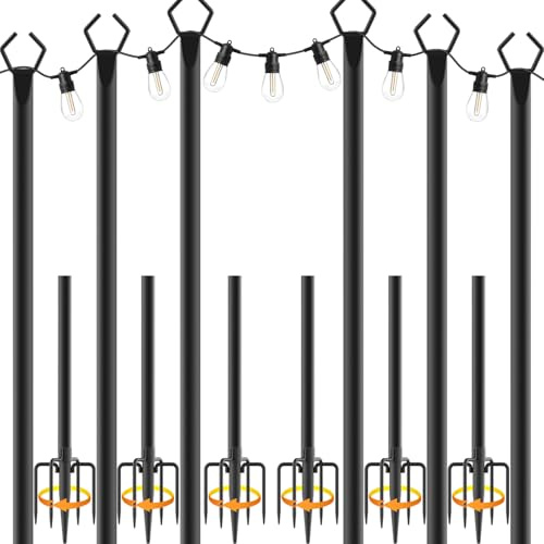 AHRLHR 6Pack 3M String Light Poles，Metal Light Poles for Outside String Lights，Freestanding Outdoor Light Poles，Hanging Light Poles for Patio,Backyard,Garden,Deck,Party,Wedding