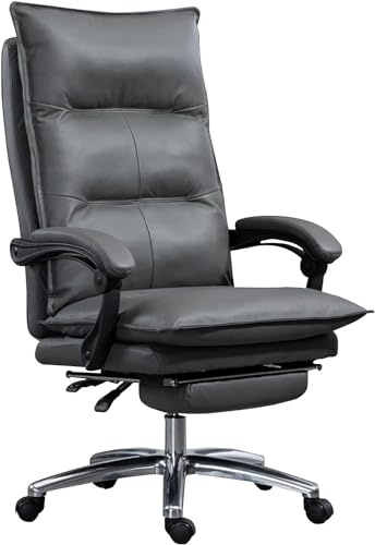 Ergonomischer Chefsessel aus grauem Leder – Drehsessel mit einziehbarer Fußstütze für Zuhause und Computer, bequemer Arbeitsstuhl für Profis