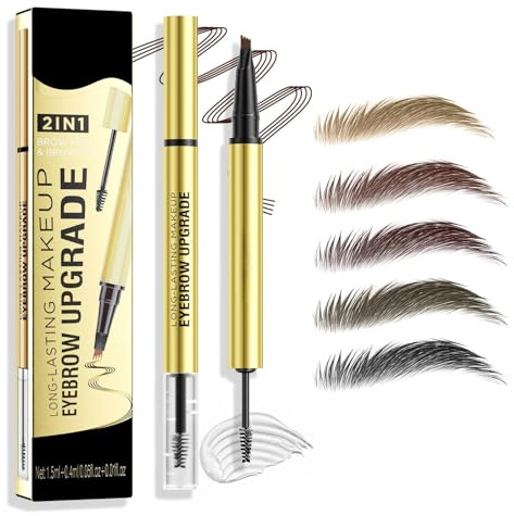 Microblading Augenbrauenstift Wasserfest, Eyebrow Pencil mit Gel & 4 Mikrogabelspitzen, 2-in-1 Dual-Ended Augenbrauenstift Härchenzeichnung, Wischfest, Langanhaltend, NatüRlicher (Braun)
