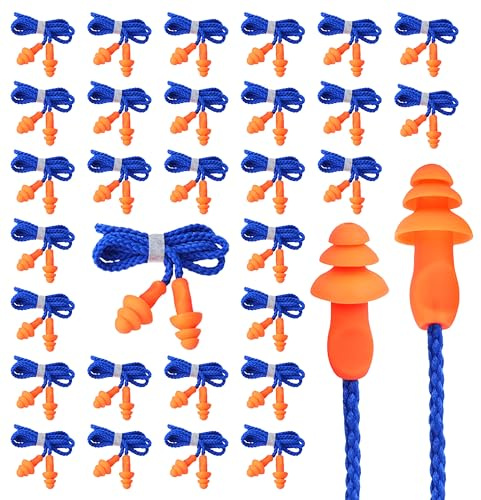 CATMEYE 30 stycken återanvändbara silikonöronproppar med sladd, öronskydd för sömn, arbete och resor, brusreducerande öronproppar även för simning (orange)