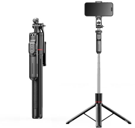Gettimore Treppiede portatile F16 con rotazione a 360° e supporto per telefono staccabile, asta retrattile in acciaio inox per smartphone, compatibile con luci di riempimento e fotocamere
