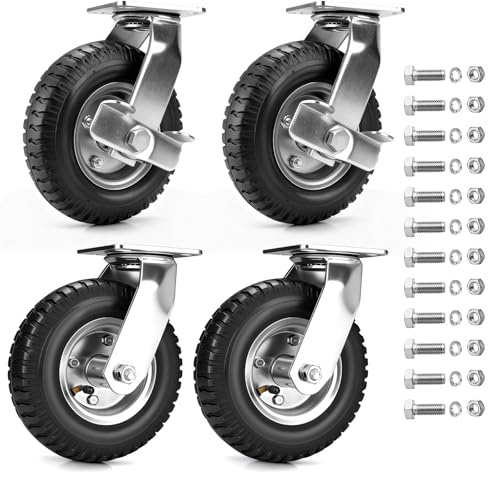 4er Set 200 x 65 mm Schwerlastrollen Luftbereift mit Bremse | 360° Lenkrollen | Ruhig Luftreifen Schwerlastrad | für Wagen, Karren, Werkbänke, Werkzeugkästen | Vier Räder bis 300 kg
