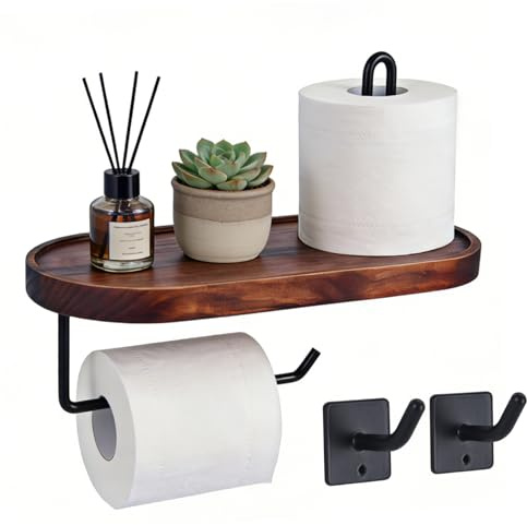 Yedcxup Toilettenpapierhalter 5 in 1 Klopapierhalter Holz mit Ablage | WC Papier Halterung Rollenhalter Wandmontage Klorollenhalter mit 2 Stück Klebehaken, für Küche und Badzimmer