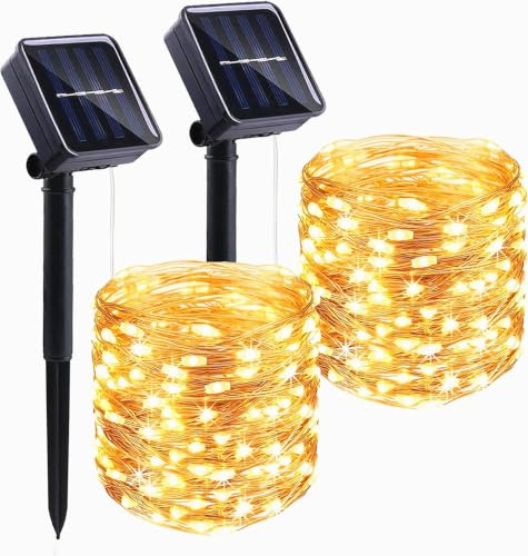 HELANYE Guirnalda LED Solar Exterior 2Pack 15M | Luces Solares con Alambre de Cobre, 8 Modos Cadena Lámparas,Impermeable IP65 para Jardín,Fiesta,Boda Decoración