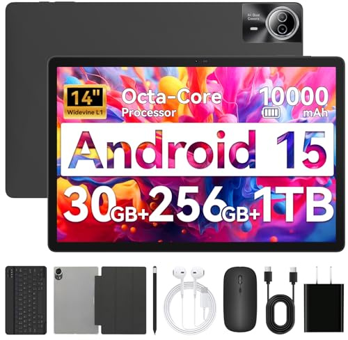 Ainmel Tablet, 14 Inch Android 15 Tablet PC, Octa-Core, 30GB RAM + 256GB ROM + 1TB Expandable, 1920 * 1200 FHD IPS Touchscreen, 10,000mAh Battery, 5MP + 8MP Dual Camera, WiFi 6 Bluetooth 5.4 (Black)