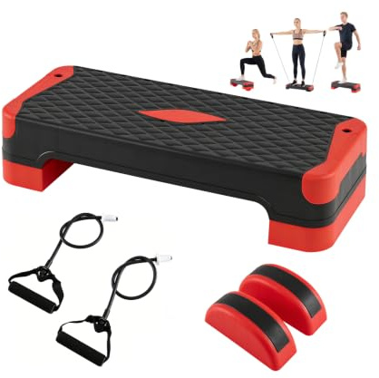 COSTWAY Aerobic Stepper 4 fach höhenverstellbar, 300 kg belastbar | Steppbrett mit Widerstandsbändern, Balancetrainer & Stützblöcken, Fitness Stepper rutschfest, Stepp Bench für Zuhause