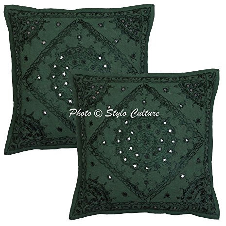 Stylo Culture Ethnico Fundas Cojines Decorativa 40x40 cm Algodón Espejado Funda Almohadon Sofa Verde 16x16 Inch Bordado Cuadrado sobre Fundas Almohadones para Sillas - 2 Pcs