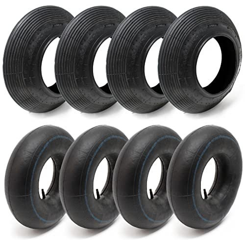 Wiltec Set 4x Reifen und 4x Schlauch Größe 4.00-8, bis 160 kg Traglast, mit geradem Ventil TR13 für Schubkarren, Sackkarren und E-Scooter