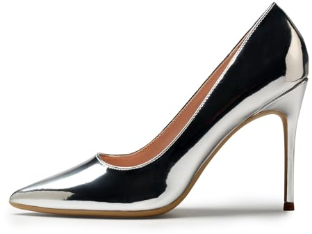 GENSHUO Stiletto högklackade för kvinnor, 10 cm stilettklackar damer spetsig tå festklänning hovskor patentläder, SILVER, 40 EU
