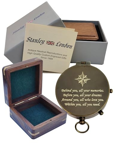 Personalized Antique Brass Pocket Compass with Custom Engraving – Engraved Compass Gift for Graduation, Father’s Day, Anniversary, Travel, or Family Heirloom – Optional Hardwood Box (Behind You)