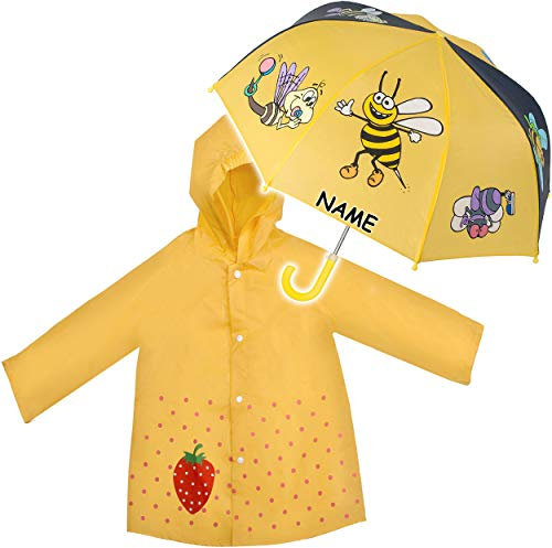 alles-meine.de GmbH 2 TLG. Set: Regenschirm + Regenmantel - lustige Biene & Erdbeere - inkl. Name - Kinderschirm - Ø 72 cm - Regencape - Kinder - 2 bis 6 Jahre - Stockschirm - gr..