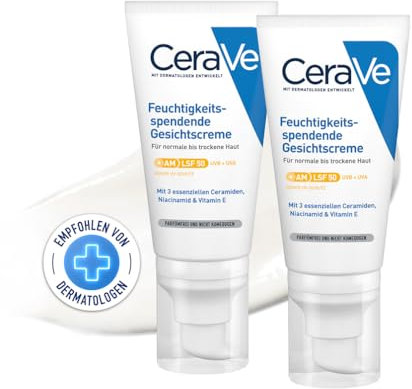 CeraVe Feuchtigkeitsspendende Gesichtscreme mit LSF 50, Hydratisierende Tagescreme mit Lichtschutz für normale bis trockene Haut, Schutz vor UVA- und UVB-Strahlung, 2 x 52ml
