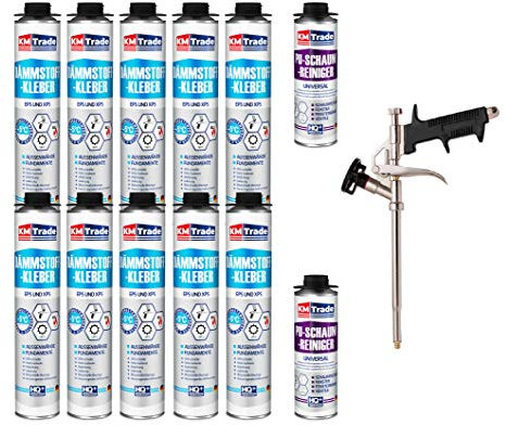 SET Dämmstoffkleber 10 Dosen 750ml Klebeschaum Perimeterkleber Kleber für Dämmung + 2 Reiniger + 1 Schaumpistole