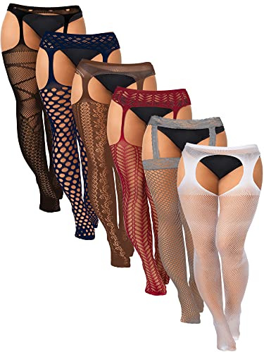 Skylety 6 Pairs Women Fishnet Thigh High Stockings Garter Belts and Suspender Pantyhose Stockings for Halloween (Classic, White, Grey, Wine Red, Coffee, Navy Blue, Black,X-Large-XX-Large)
