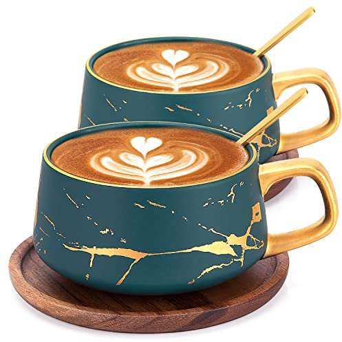 TELANKS Set di 2 Tazze per Cappuccino in Ceramica con Piattini, 320 ml Eleganti Tazze da Caffè da, Set di Tazze da Caffè Ceramica, Mantiene il Calore a Lungo, Verde