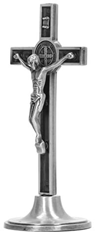 Asixxsix Mini-Kruzifix-Wandkreuz, 1,9 X 2 X 4,7 Zoll, Handgefertigt, Zinklegierung, Metall, Katholische Kreuze mit Abnehmbarem Sockel, Stehendes Kruzifix für Tisch-Wanddekoration (Silber)