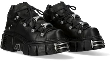 New Rock Botín Metallic M.106N-S16 para hombre y mujer de piel vacuno color negro, estilo gótico punk rock, plataforma 4 cm, tacón 6 cm, suela PU Ultra, cordones, colección Metallic TALLA 39