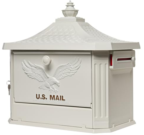 Architectural Mailboxes Hamilton™ Secure, Locking USPS Approved Heavy Duty, Cast Aluminum Metal Post Mounted Mail Box for Outside, White Large Curbside Mailbox with Magnetic, Lockable Double Doors