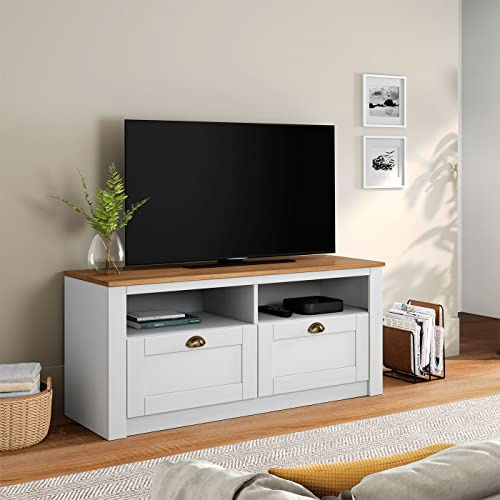 IDIMEX Meuble TV Bolton 2 tiroirs et 2 niches de Rangement, Meuble télé Design Campagne en pin Massif Blanc et Brun, dim 110x50x40 cm