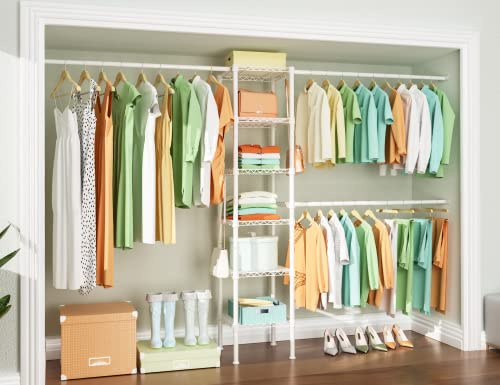 Ulif M1 Closet Storage Organizer System, 6 Tiers Heavy Duty Metal Garment Rack with 3 Expandable Hanger Rods, Wall Mounted Space Saver Suits from 5.4-8.7 ft. Width, 71.2”H x 14”D, 700LBS, White