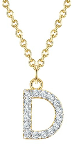 GLANZSTÜCKE MÜNCHEN Damen Kette 925/- Sterling Silber gelbgold | gelbvergoldet 14 Karat, Ankerkette, Zirkonia, weiß, Buchstabe D, Federring