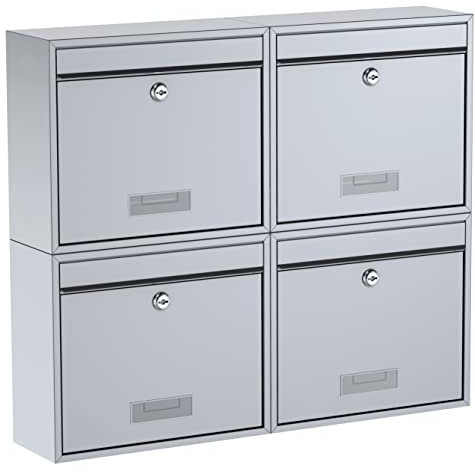 BASI Briefkasten 4er Set | Wandbriefkasten aus Stahl | Farbe Silber | mit Namensschild | Zylinderschloss mit 2 Schlüssel | inkl. Befestigungsmaterial | Briefkastenanlage | 4 Stück