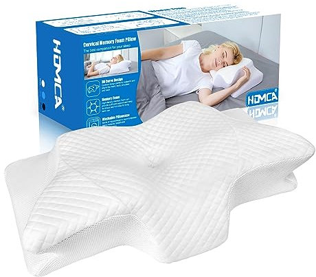 HOMCA Nackenkissen Memory Foam Kopfkissen Nackenstützkissen Kopfkissen Pillow für Rücken, Seiten und Bauchschläfer,60 x 35 x 11/13 cm weiß