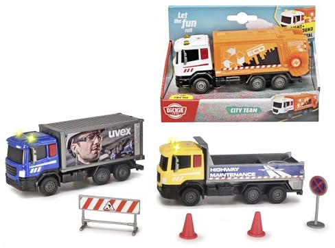 Dickie Toys - City Team, Müll-, Strassenbau-, Containerfahrzeug, Freilauf, Licht, Sound, 17 cm