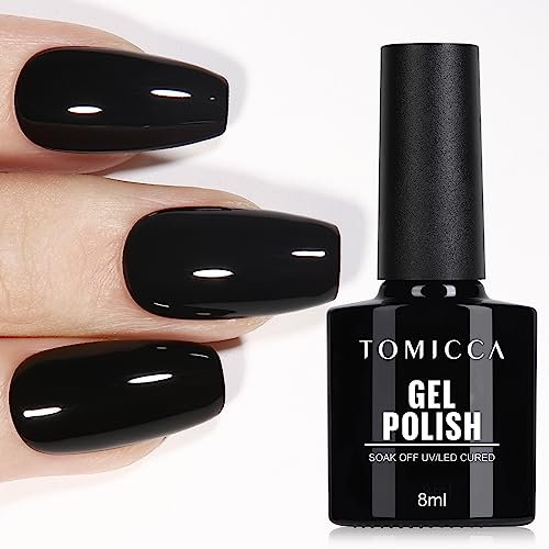 TOMICCA Black Gel Nail Polish - Long Lasting High Glossy Chip Resistant Nail Art Manicure DIY at Home 8ml