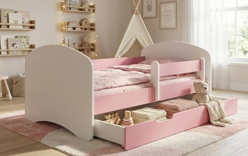 Happy Babies Kinderbett - Mit Matratze & Schublade und Rausfallschutz, 80x160, Mädchen Kinderbetten & Jugendbett Jungen Kids Bed, Jugendbett für Bodentief Ausziehbett Kleinkind, Lattenrost