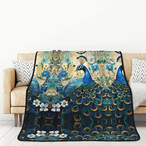 Blauer Pfau stehend unter Blumen doppelseitige Flanelldecke für Autobetten und Nickerchen für Erwachsene, eine warme und gemütliche Decke (152,4 x 203,2 cm)
