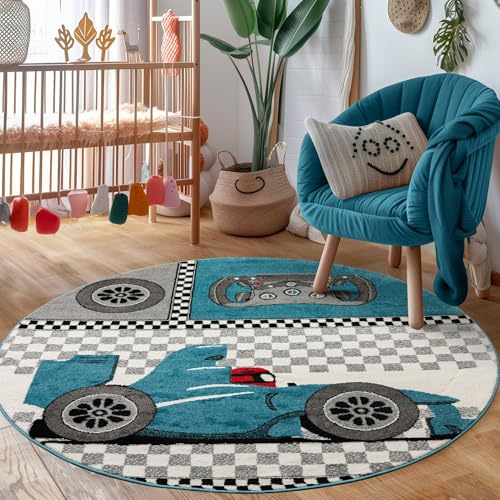 Carpettex Kinderteppich Rennwagen Design Blau 160 cm Rund - Kurzflor Teppich Kinderzimmer für Mädchen und Jungen Pflegeleicht Weich - Waschbarer Spielteppich Babyteppich Gaming Teppich Babyzimmer