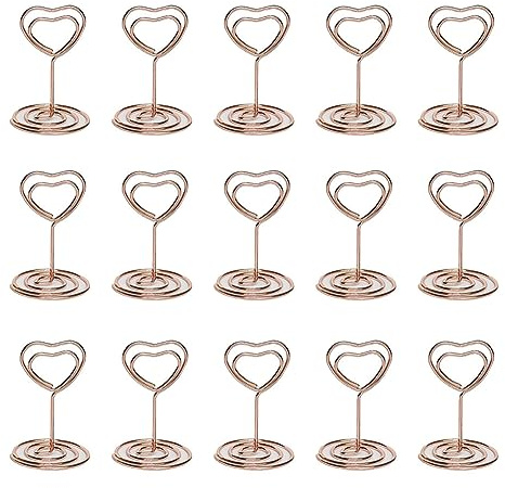 FSSTUD Tischkartenhalter in Herzform, Tischnummernständer, Metall-Tischkartenhalter, Clips, Draht, Foto, Bild, Notizen, Memo, Menü-Clips für Hochzeit, Roségold, 20 Stück