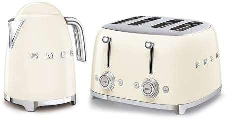 Smeg 50’s Style Retro Range Breakfast Set, 1.7L 3000W Kettle and Multi-Functional Control 4-Slice 2000W Toaster, Cream, KLF03CRUK/ TSF03CRUK