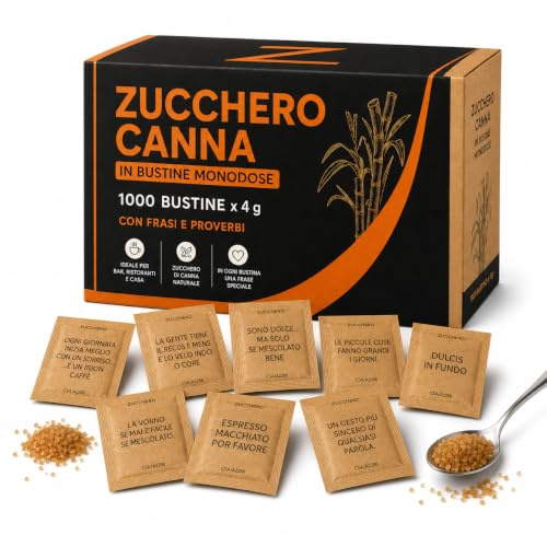 Zucchero di Canna in Bustine Monodose - Confezione da 4 kg (Circa 1000 Bustine da 4g) per Bar, Ristoranti e Alberghi