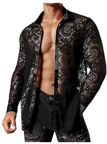 WAZHAKU Chemise Transparente pour Homme avec Col Retourné en Dentelle, Manches Longues en Dentelle, Boutons jusqu'en Bas, Chemises de Loisirs pour Homme, pour Party, Club de Nuit, Scène, Chemise à