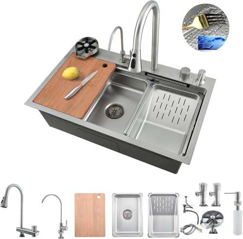 Bokaiya Kitchen Sink, Multifunction Waterfall, Raindance Professional Countertop Kitchen Sink Stainless Steel Washbasin with Glass Washer & High Pressure Pull-Out Faucet Brushed 85x45x21cm