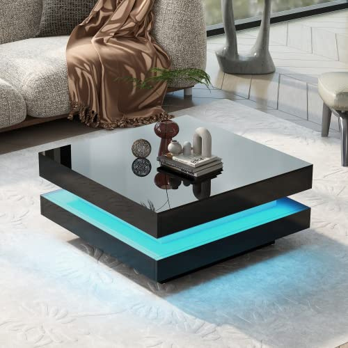 ANIROY Square High Gloss Coffee Table with 360° Rotating Top and 16-Color LED Light, Center Table for Living Room and Office, 70x70x36cm (Black)