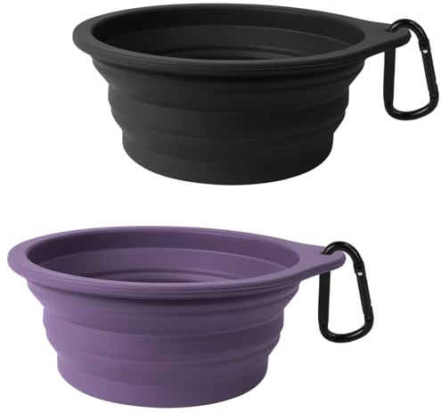 PetBonus 2-pack silikonhopfällbara hundskålar, BPA-fria, maskindiskbara, portabla hopfällbara resekoppar, mat- och vattenskålar för hundar och katter med 2 karbinhakar (svart, mörklila)