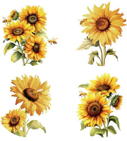 GORGECRAFT 4 Styles 16cm Sunflower Window Stickers Round Reusable Summer Autumn Yellow Flowers Bee Static Glass Window Clings Film Decal for Prevent Birds Strikes Home Room Sliding Glass Door