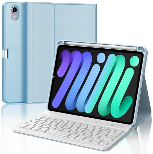 Funda con Teclado para iPad Mini 7 2024/iPad Mini 6 2021, Teclado para iPad Mini 7/6 Generación 8.3, Teclado Inalámbrico Bluetooth Desmontable para iPad Mini 6/7 Generación 8.3 pulgadas, Azul