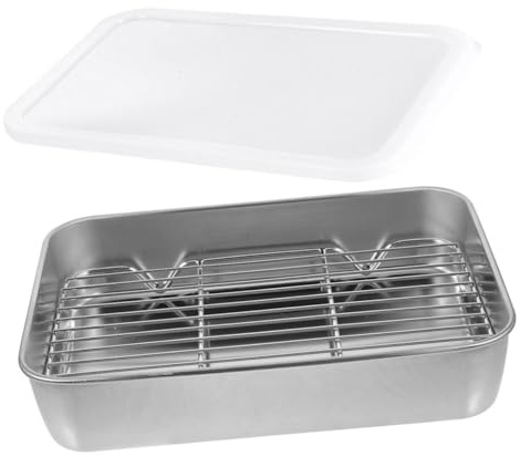 OFFSCH Edelstahl Backblech Satz mit Drahtrost und Deckel Backform und Grillplatte für Ofen Vielseitiges Kochgeschirr zum Braten Grillen und Ölabscheiden Spülmaschinenfest 23x17x5cm