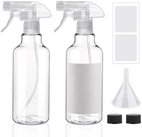 Hethyo Plastic Spray Bottles 12oz 2 Pack Adjustable Mist/Stream Spraying Heavy Duty Square Water Spray Bottles for Hair, Cleaning Solutions, Plants, Cooking，BBQ，Essential Oils, Clear