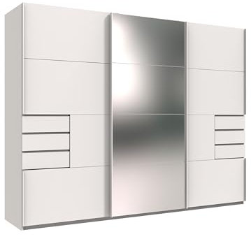 möbelando Schwebetürenschrank >Saigon< in Weiß mit Spiegeltür, 270 cm breit, 208 cm hoch, 64 cm tief, inkl. 6 Einlegeböden, 6 Schubladen, 2 Kleiderstangen, Made in Germany, zerlegt geliefert