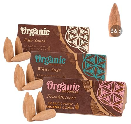 36 x Organic Goodness Rückfluss-Räucherkegel aus natürlichen Zutaten | 3 Sorten, je 12 Kegel, Wasserfall Effekt aus Indien (Palo Santo, Weißer Salbei, Weihrauch)