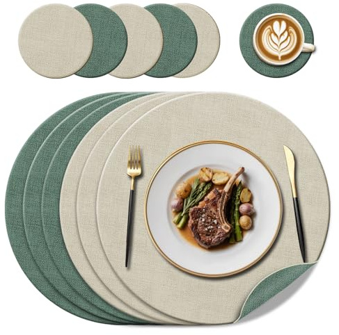 Round Faux Leather Place Mats (38cm) ＆ Coasters, Green/Cream, Set of 6 | Reversible (Dual-sided), Heat Resistant to 100°C, Non-slip & Wipe-clean, for Glass/Wood/Marble Tables, Outdoor Garden